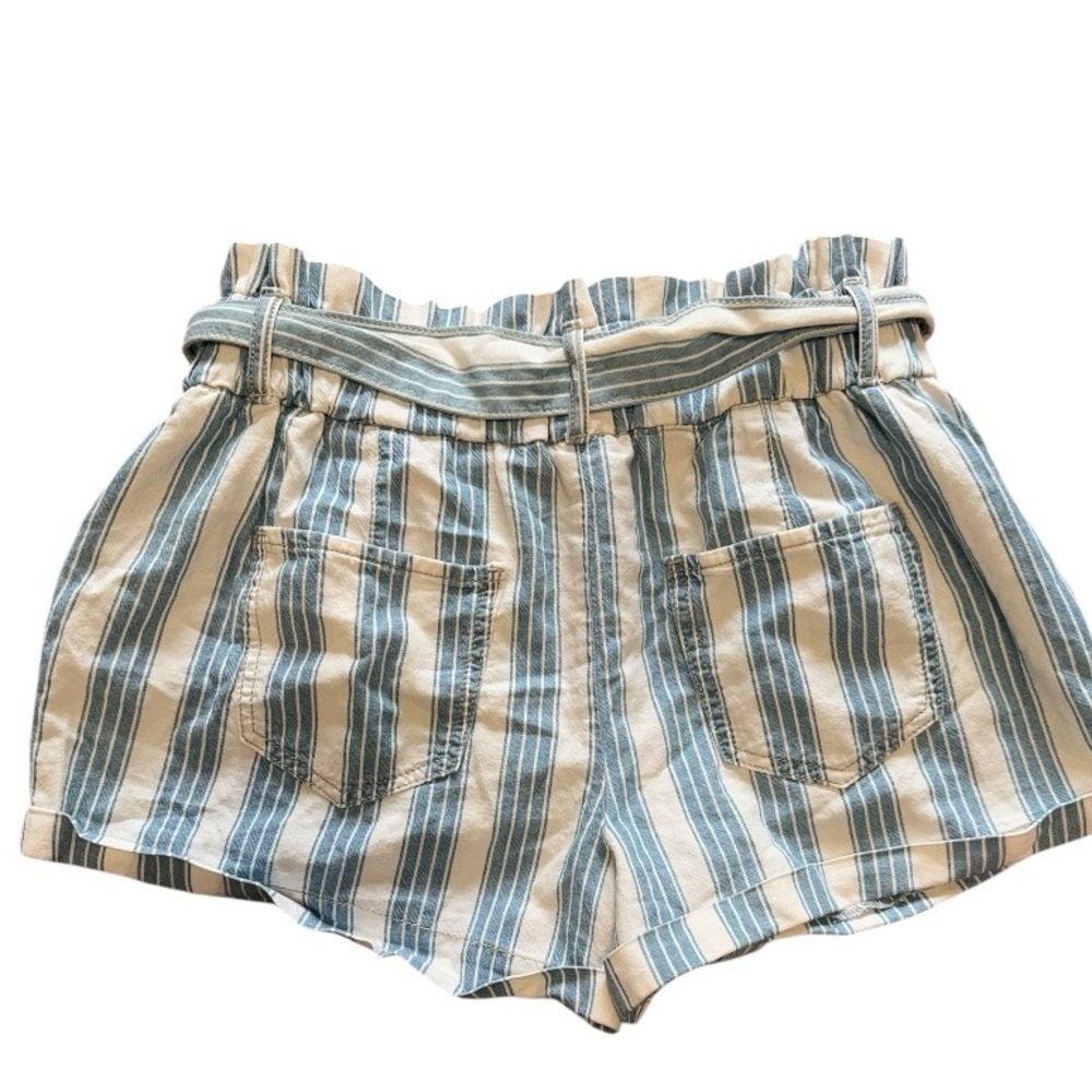 Blue White Striped Paperbag Waist Cotton Shorts with Belt Size Small - Picture 5 of 5